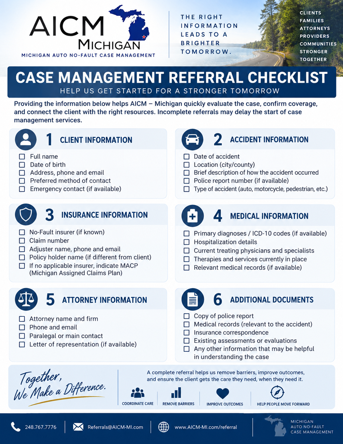 AICM Michigan Auto No-Fault Case Management referral checklist for clients attorneys and healthcare providers