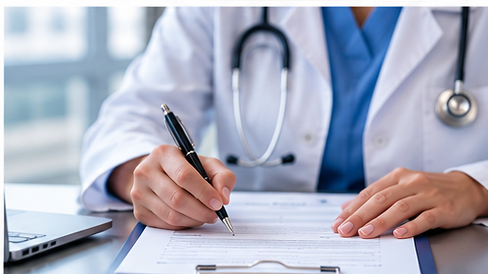 Healthcare professional completing an authorization to release medical and health information